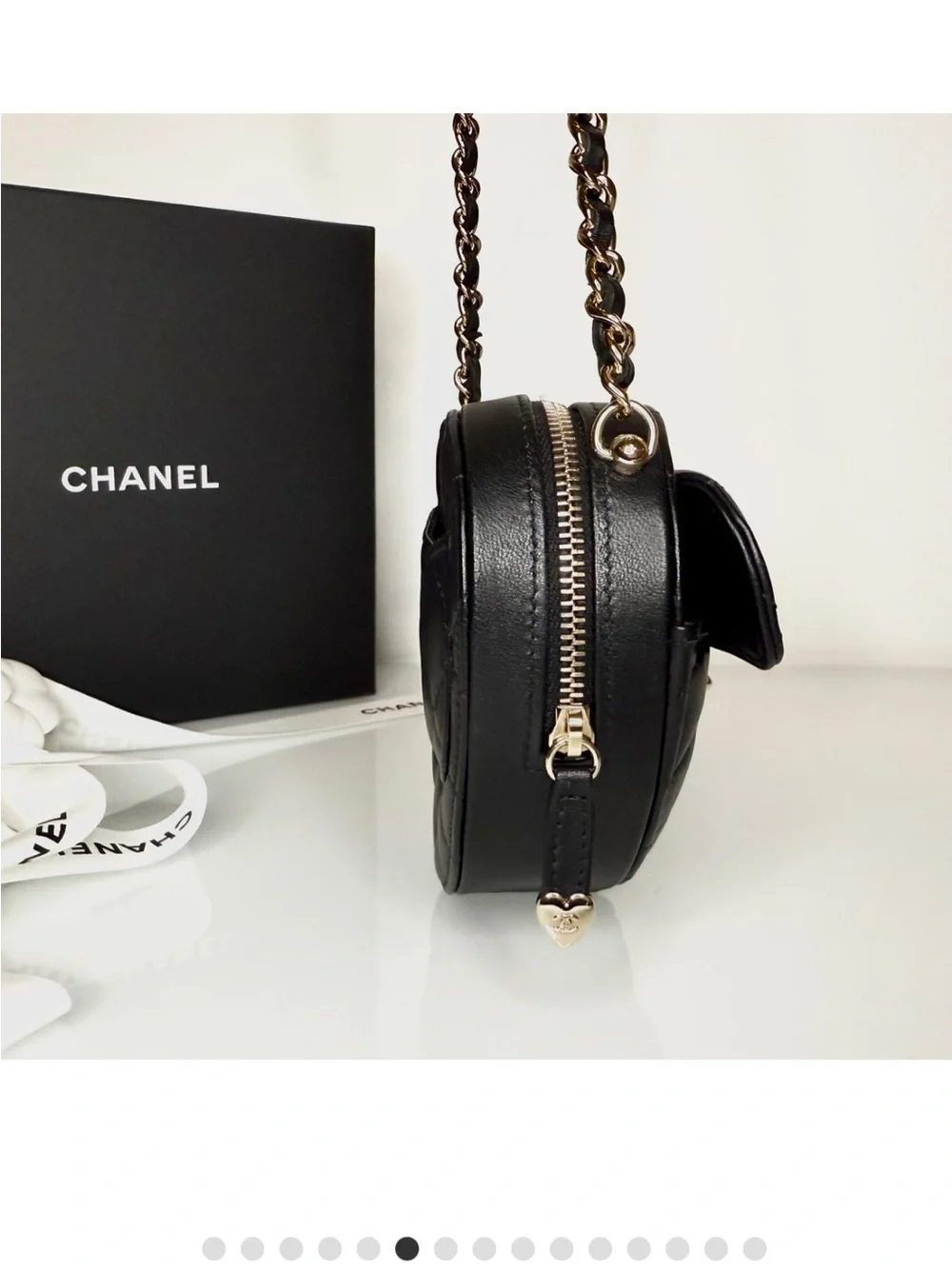 CHANEL Black Quilted Heart-Shaped Crossbody with Gold Hardware